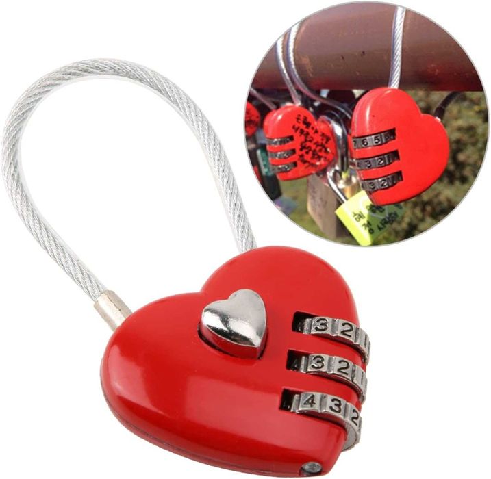 Lacat de calatorie in forma de inima 3 cifre resetabile rosu 4x8 cm