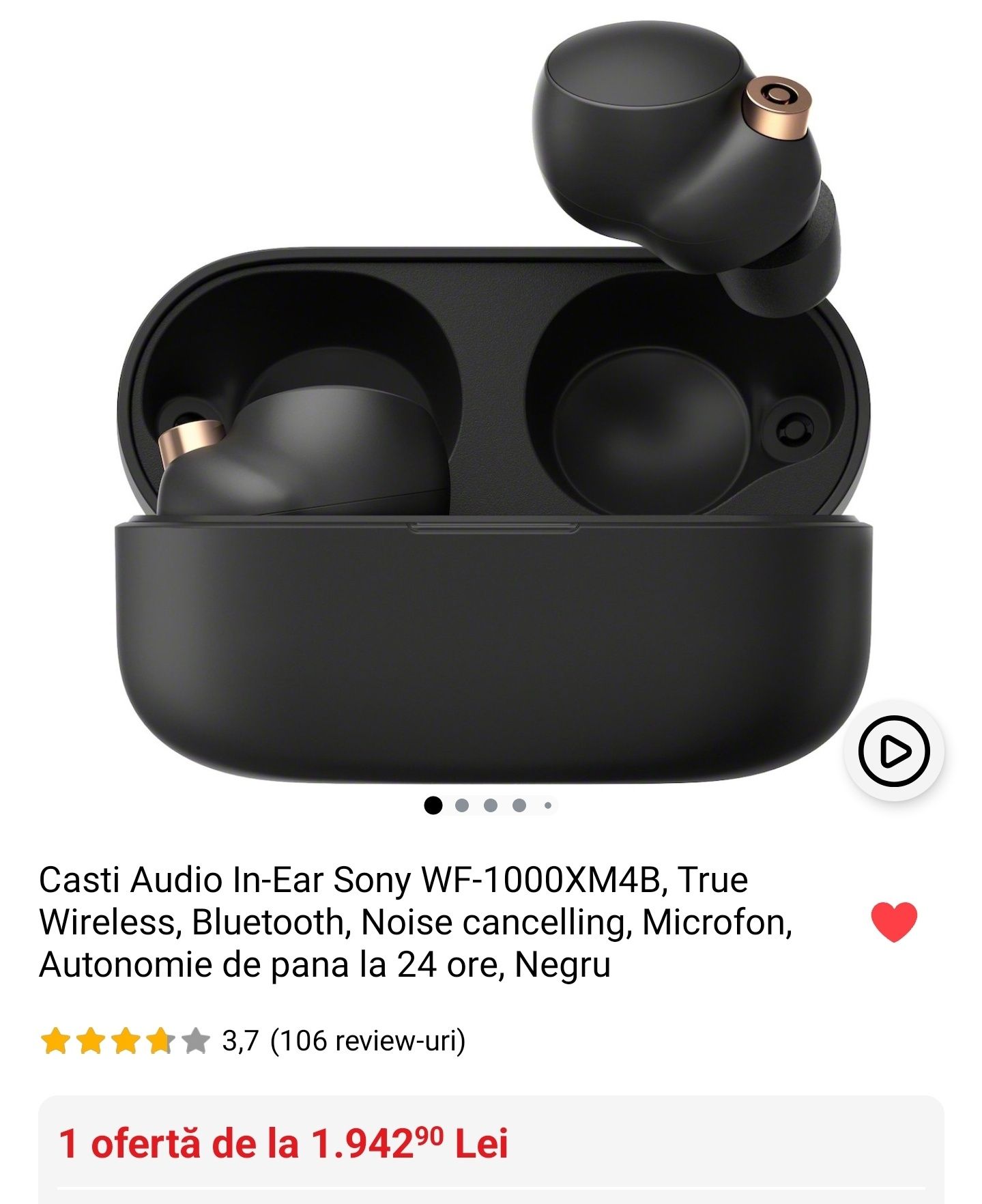 Casti In-Ear Sony WF-1000XM4B,Wireless,Noise cancell autonomie 8 ore