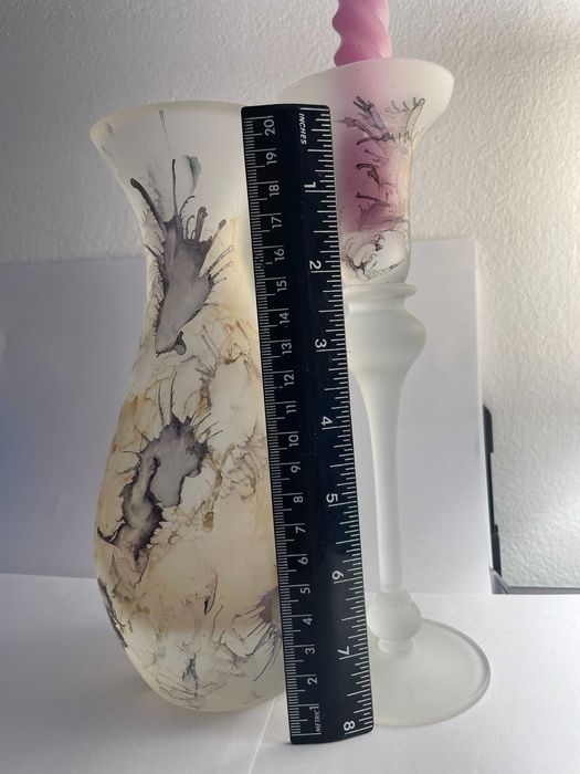 Vaza si sfesnic sticla fantezie handmade vintage impecabil 20/6cm