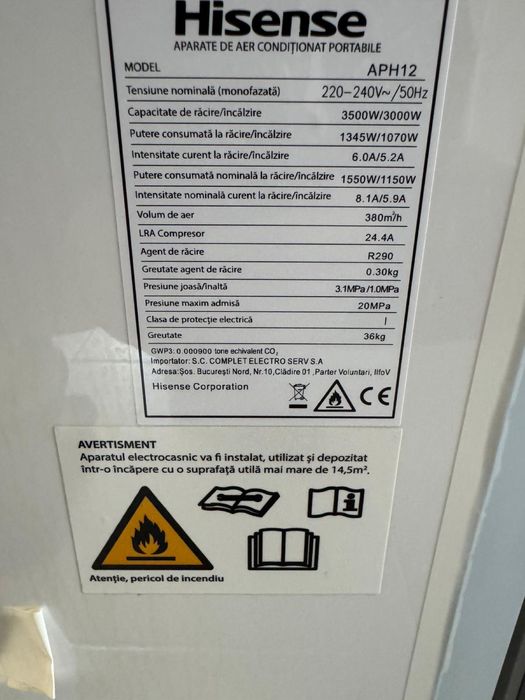 Aer conditionat portabil 12.000 btu Hisense aph12