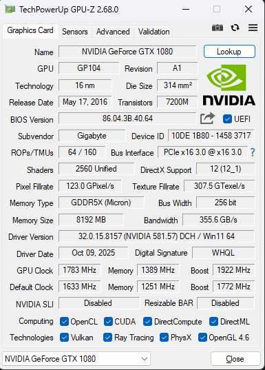 NVIDIA GTX 1080 GIGABYTE WindForce 3X OC 8GB GDDR5X Perfecta de Gaming