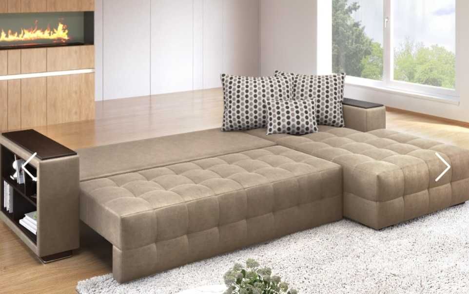 Разтегателен ъглов диван с лежанка +подлакътник мини етажерка