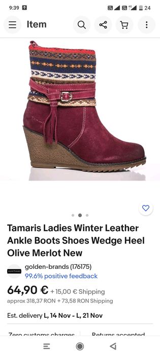 Cizme/ghete iarna de dama Tamaris din piele, made in Germania