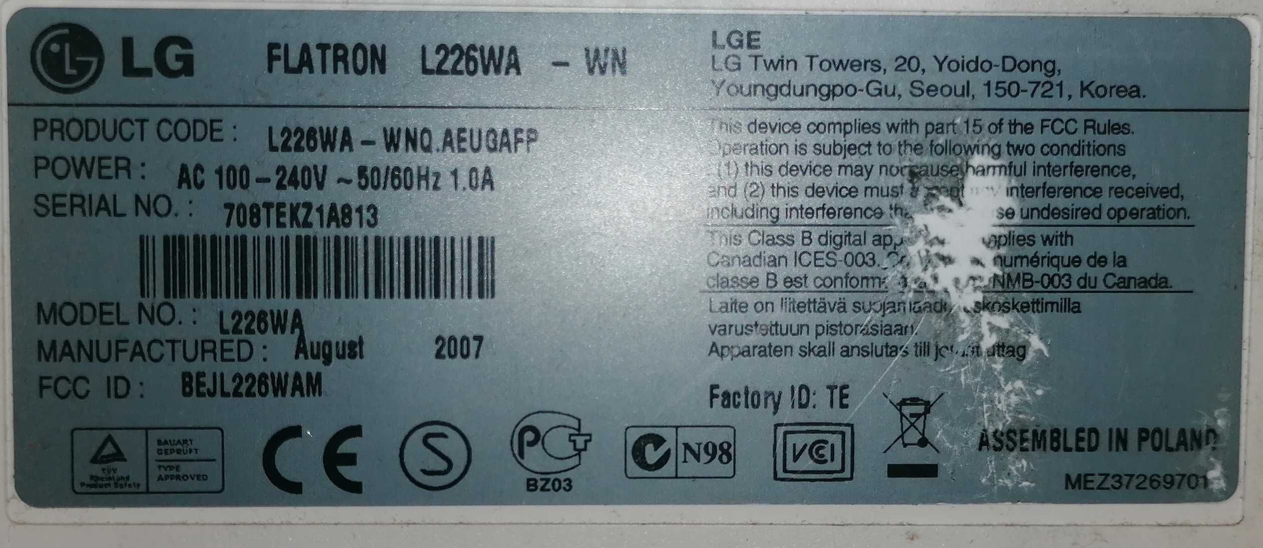 Monitor 22" LG  L226WA