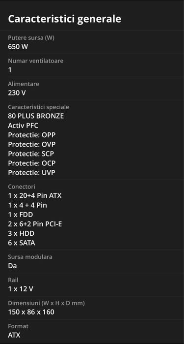 Sursa Sirtec EP-650S, 650W, ATX 2.3, PFC activ