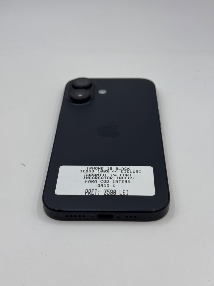 Magazin vinde iphone 16 negru 128gb 100% 44 cicluri Garantie 24 luni A