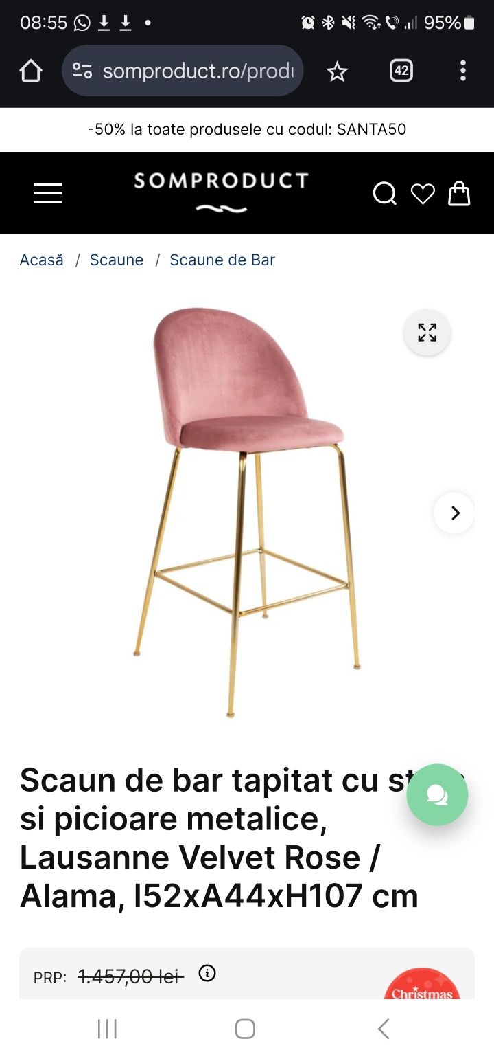 Scaun Bar roz cu picioare metalice