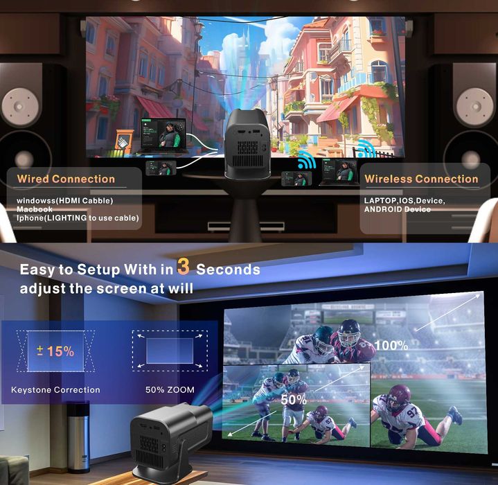 Portable projector for home theater, 1080p smart HD 4K