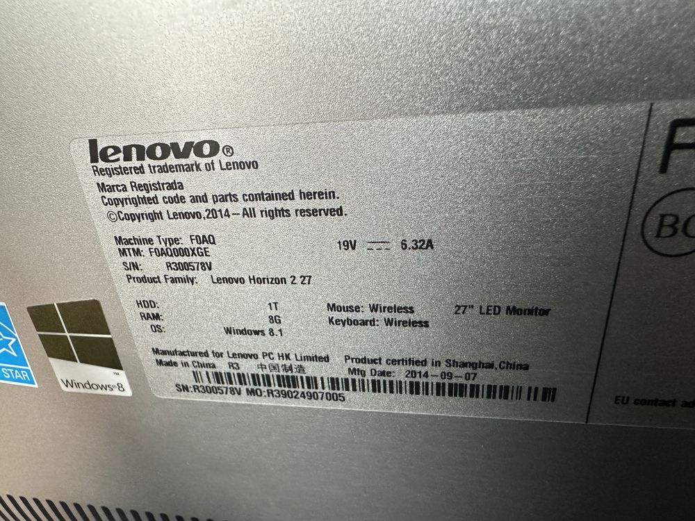 Lenovo Horizon 2 27” Intel Core i7 8GB RAM 1TB HDD