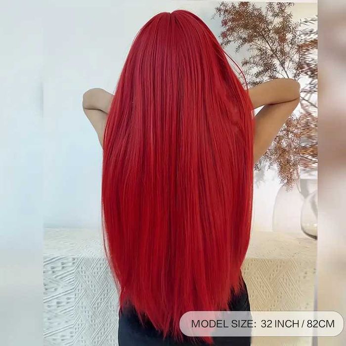 80 см Ярко червена права синтетична перука с дълъг бретон