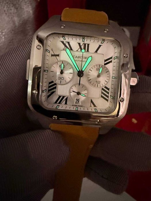 cartier santos 100 сребриста / кафява каишка