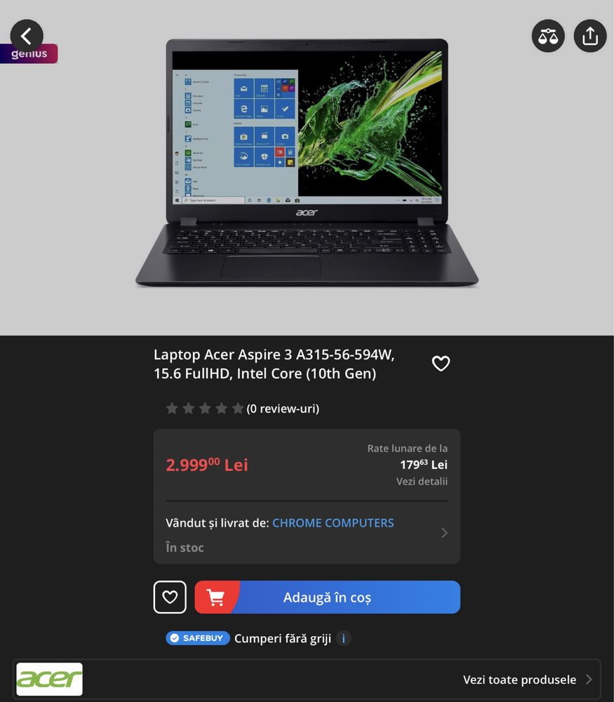 Laptop Acer I5Gen10 ,8gb ddr4 , windows 11