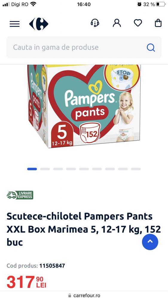 Scutece chilotel PAMPERS Pants XXL Box nr 5, 12-17 kg, 152 buc