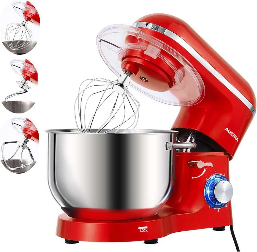 Aucma Електрически кухненски миксер, 6скорости, 3 бъркалки, 6.2L,1400W
