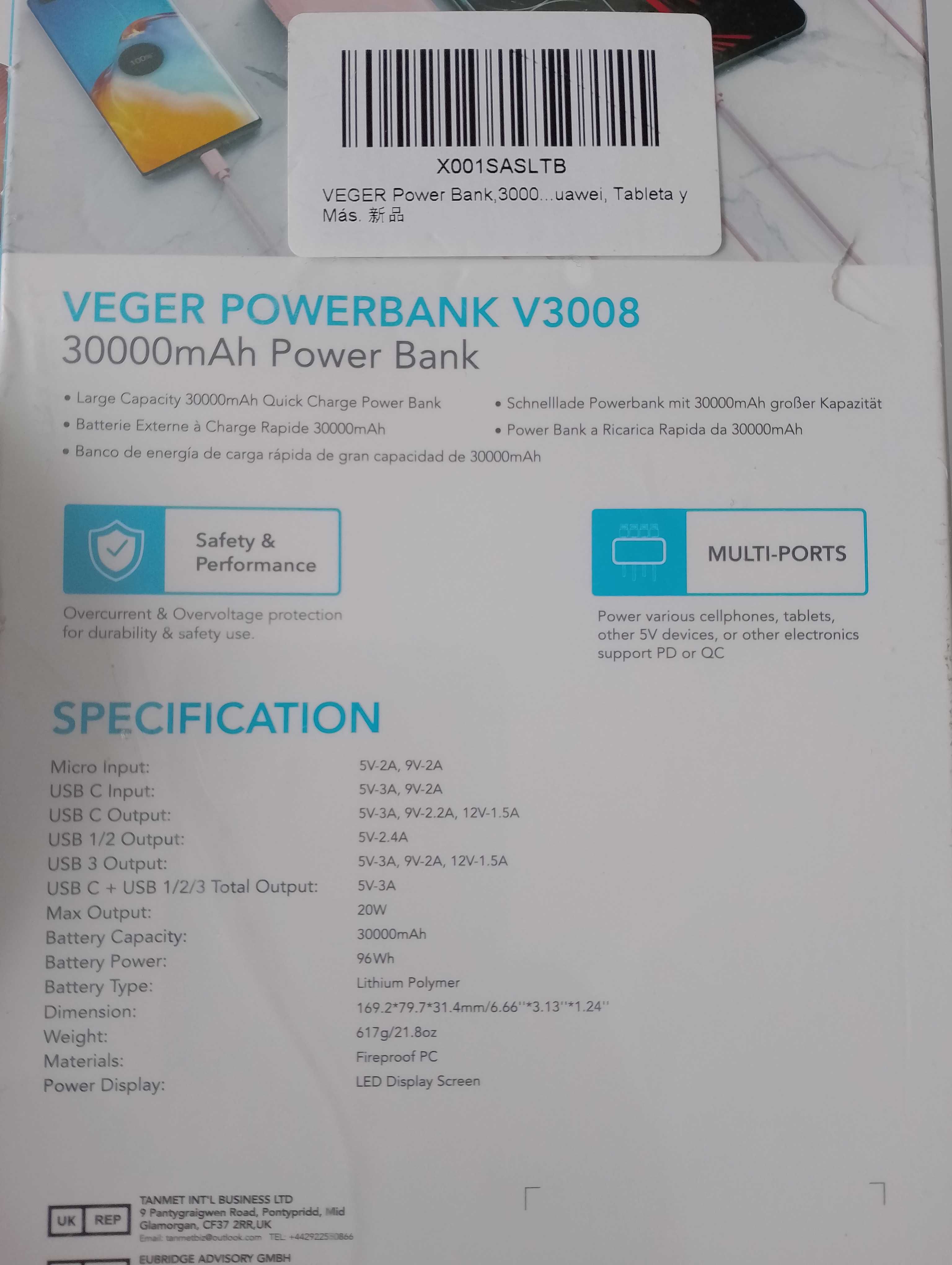 VEGER PowerBank 20W Fast Charge. Pt iPhone, iPad, Samsung etc