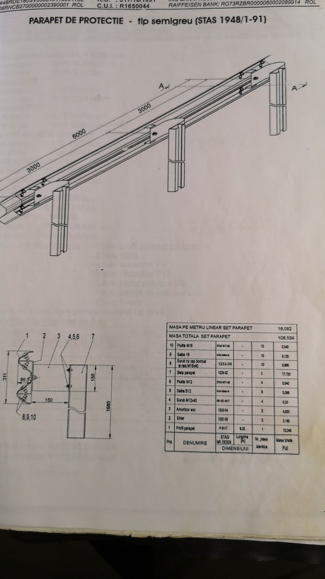 Parapet tip semigreu zincat echipat complet pentru drum sau pod