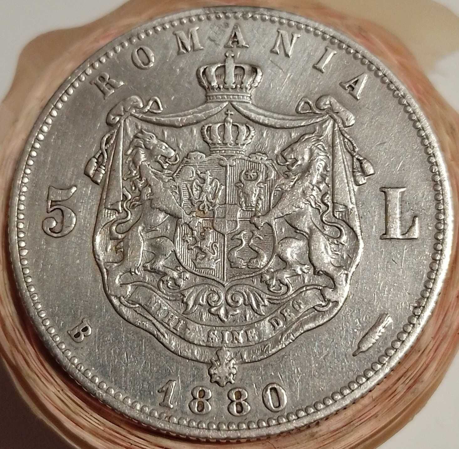 Moneda argint 5 lei 1880 Carol I stare f bună de colecție