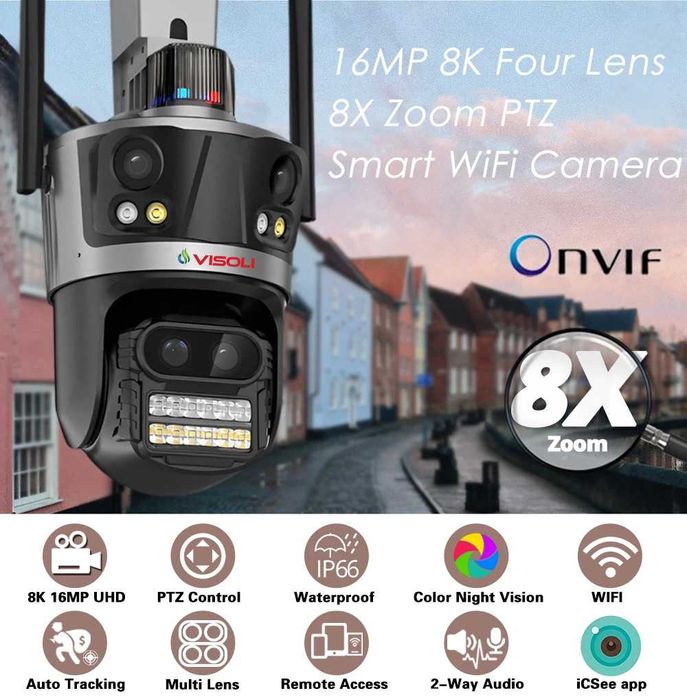 Camera de Supraveghere Tripla WIFI Visoli® P11 Zoom, 12MP Rezolutie 6K