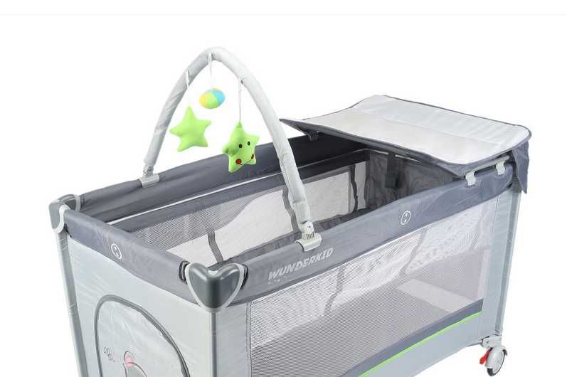 pătuț, țarc Wunderkid Space, 2 nivele și arcadă cu jucării bebe copii