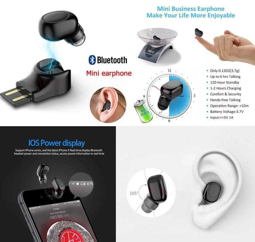 Безжична Скрита Слушалка On-Ear Микрофон Смартфон Bluetooth Хендсфрий