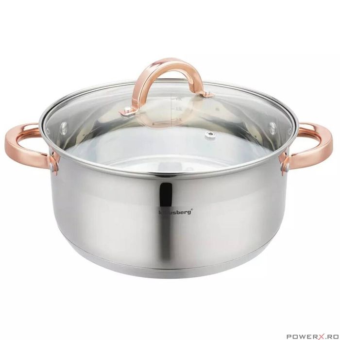 Oala pentru fiert la abur, 5 elemente, cu manere roze, 24cm, 5.0L,