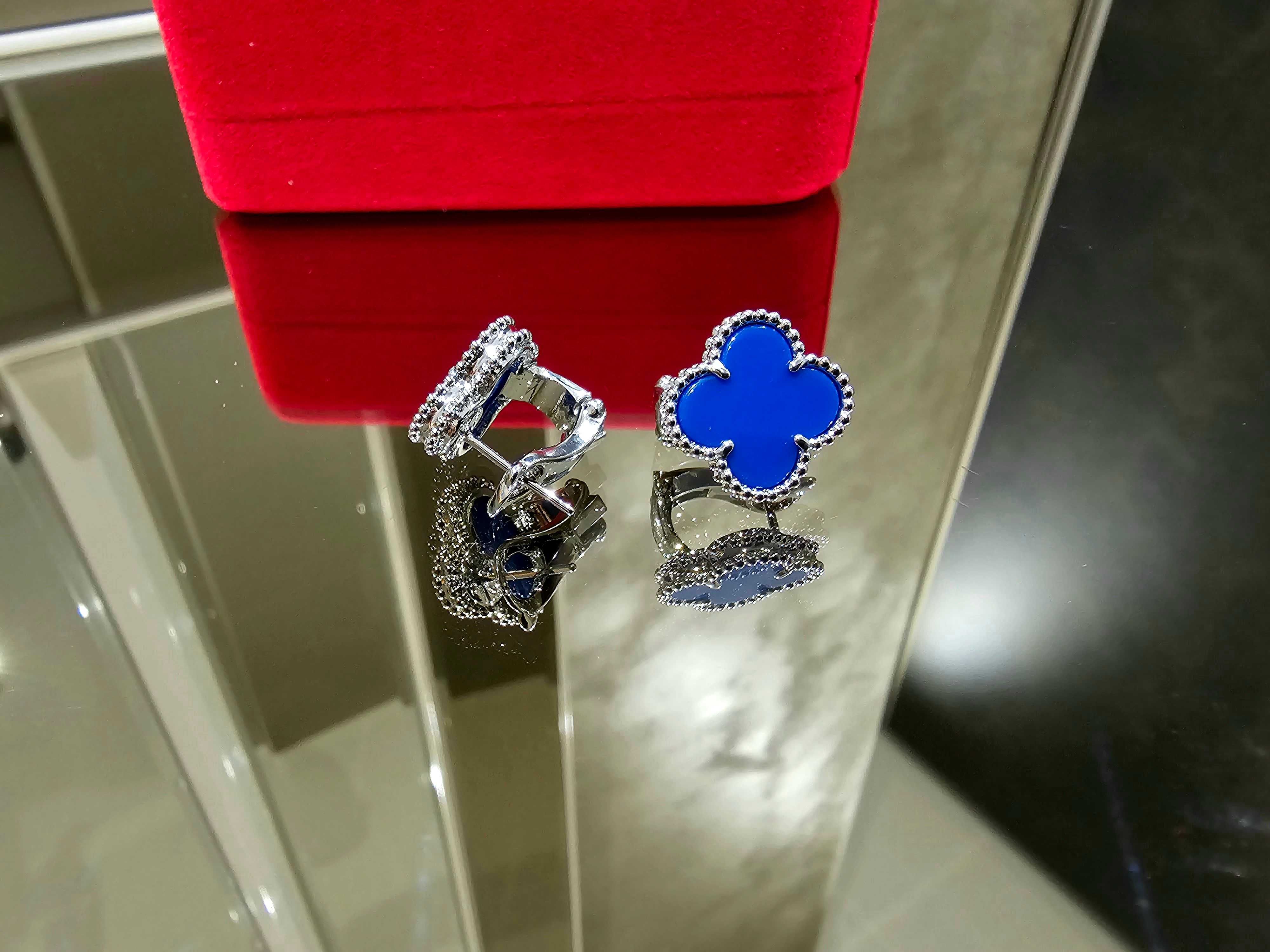 Van Cleef & Arpels VCA Silver Blue Agate Alhambra Clover Дамски Обеци