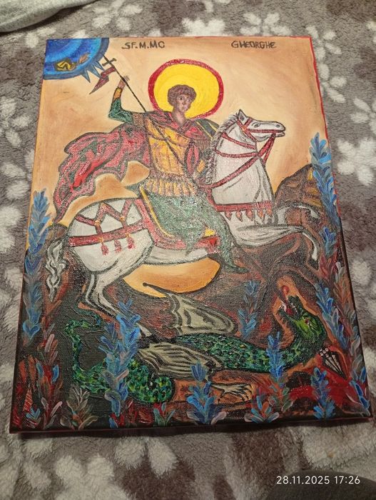 Icoana Sfântul Gheorghe vopsea acrilica panza de bumbac 40×30
