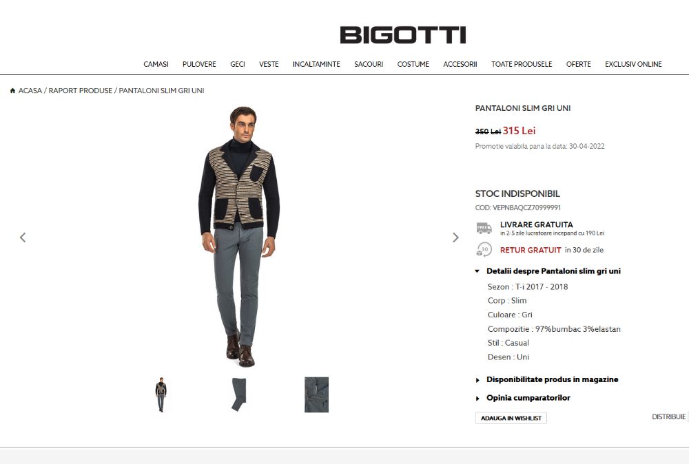 Pantaloni slim fit casual gri Bigotti barbati, made in Italy, NOI