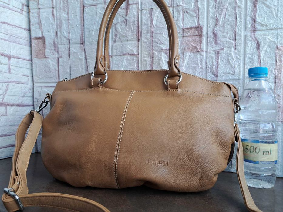 дамска чанта,L.CREDI,бежова кожена торба-естествена кожа