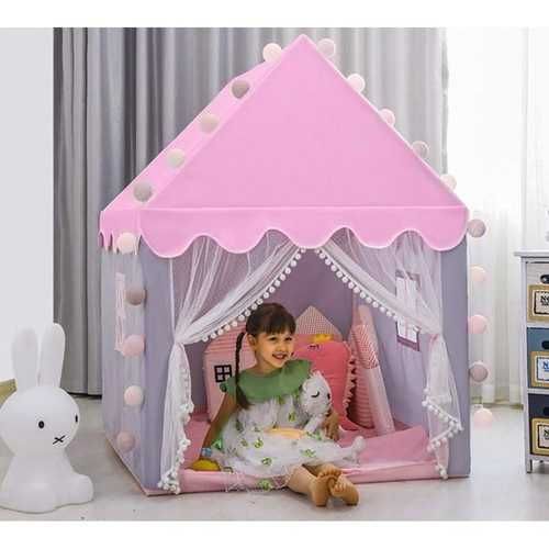 Детска палатка за игра с LED лампи, Розово-сива, 130х100х115 см