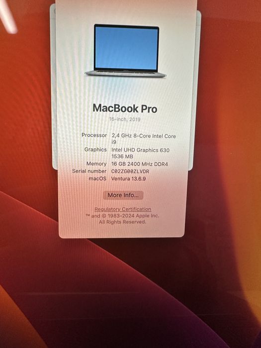 Macbook pro a1990 / i9 / 16 gb ram / 500 gb ssd