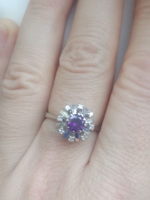 Inel aur alb 14k Ametist și diamante