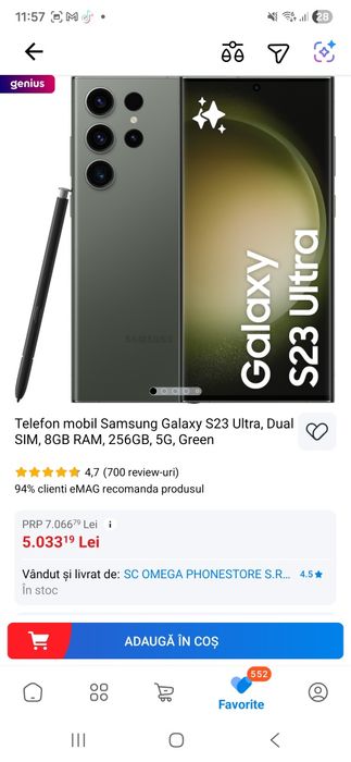 Vând Telefon mobil Samsung Galaxy S23 Ultra, Dual SIM, 8GB RAM, 256GB