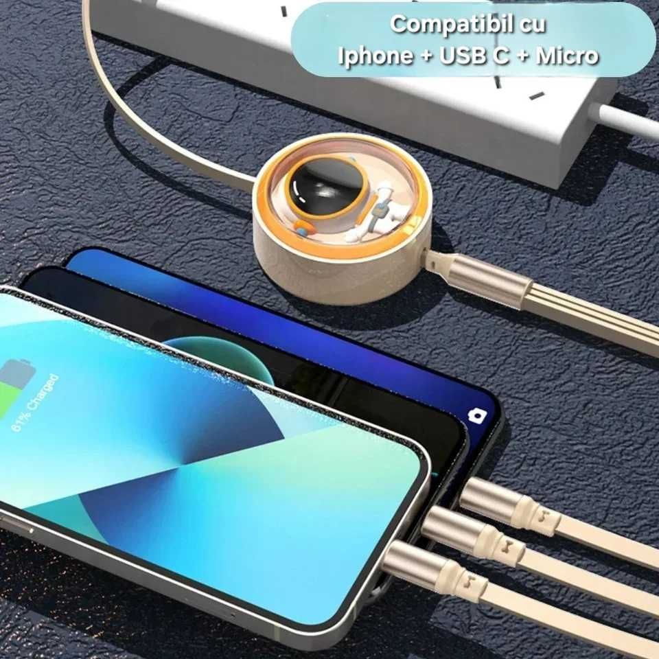 Cablu 3in1 Telescopic. Date/Încărcare Fast Charge. UsbC/Micro/IOS Bej