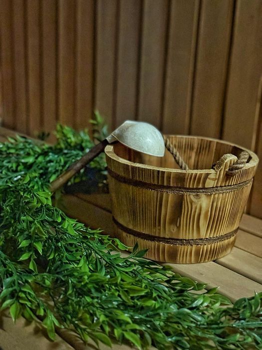 Sauna pe lemne, bazin cu apa