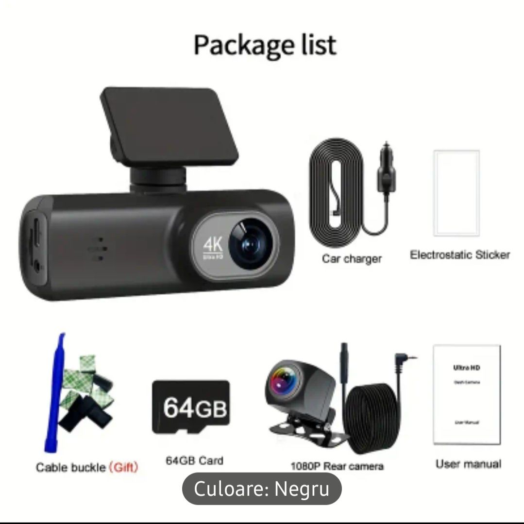 Camera Auto Video  Dubla,4K,Wifi,Card 64Gb,Cititor Card Sd,Incarctar.