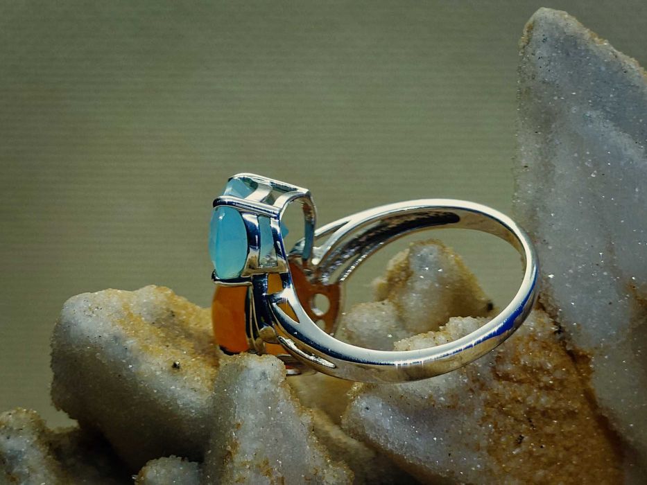 Inel argint rodiat cu calcedonie – duo portocaliu & albastru