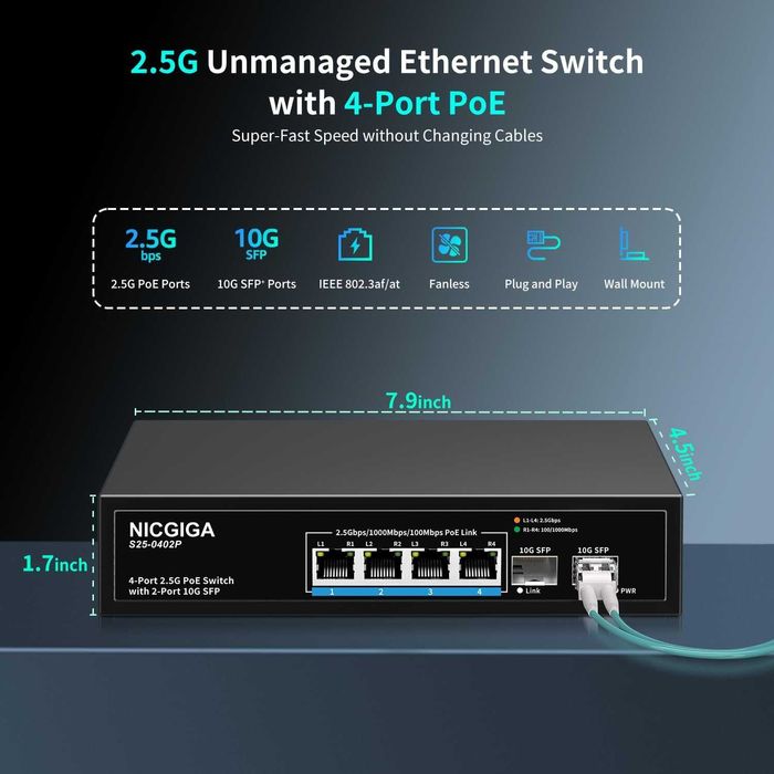 Switch ethernet NICGIGA PoE 4 port 2.5G,neadministrat,2x10G SFP Uplink