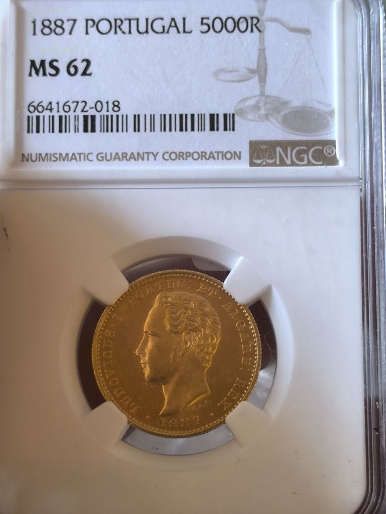 5 000 рейс1887 год, Португалия,Луиш I, злато 8.87 гр,917/1000 MS 62