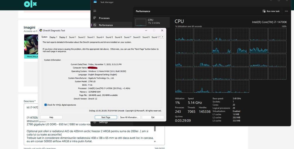 kit i7-14700k + Z790 gigabyte UD DDR5 + Radiator AIO 420mm