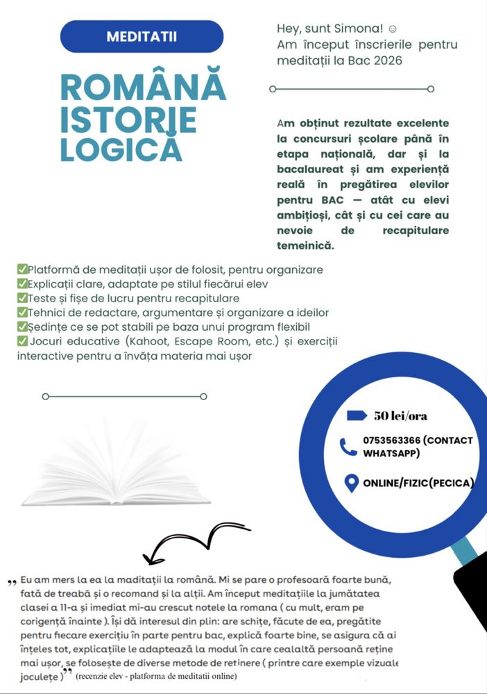 Meditații personalizate BAC - Romana, Istorie, Logica (loc limitat)