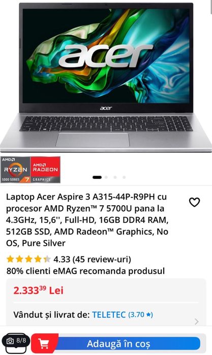 Laptop Acer Aspire 3 A315-44P Ryzen 7 16GB 512GB SSD Silver Nou
