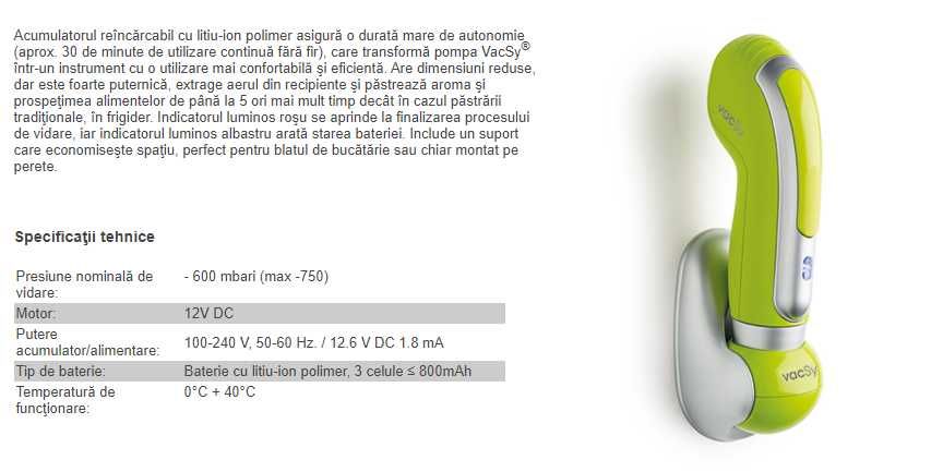 pompa vidare Vacsy, recipiente din sticla Vacsy