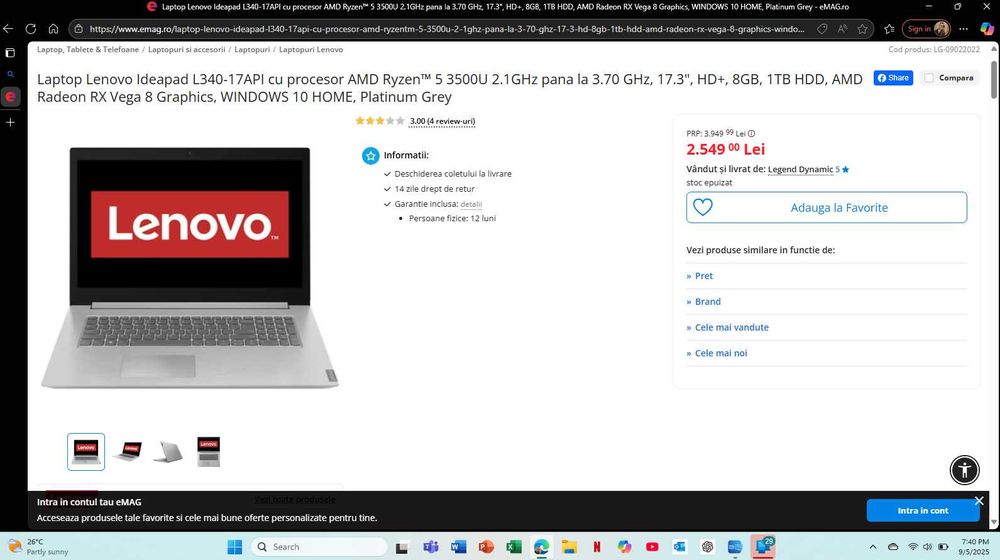 Laptop Lenovo 17.3” + Tabletă Lenovo Tab M11 , SSD + Windows 11 Pro