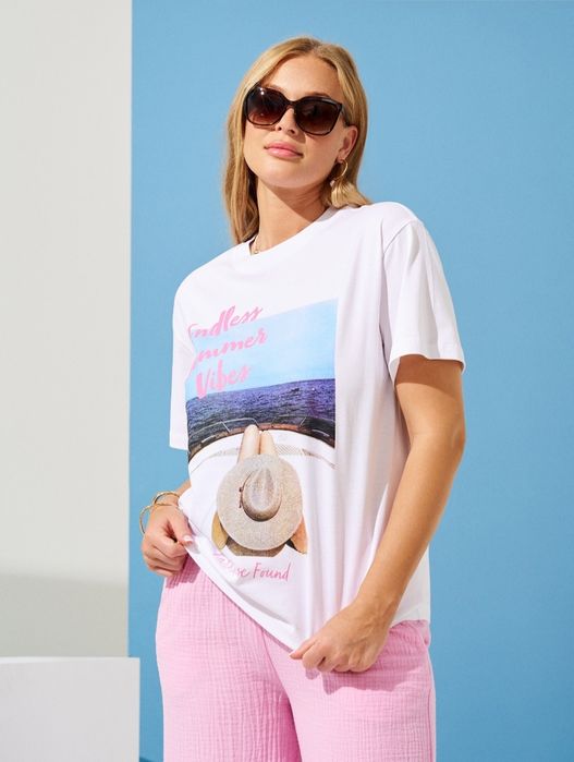 Нова дамска бяла тениска памук с принт Sinsay размер XXS