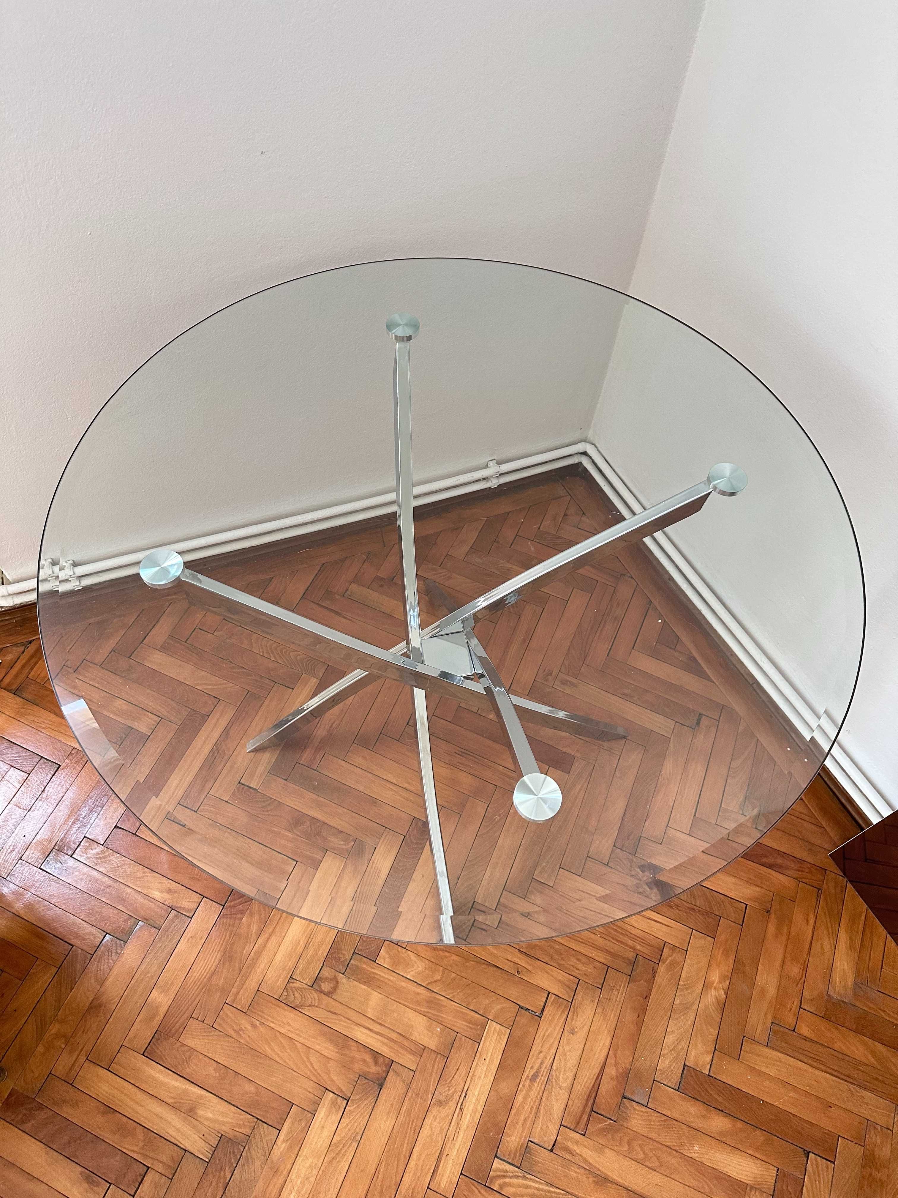 Masa rotunda, blat sticla, picioare crom, diametru 99.5 cm