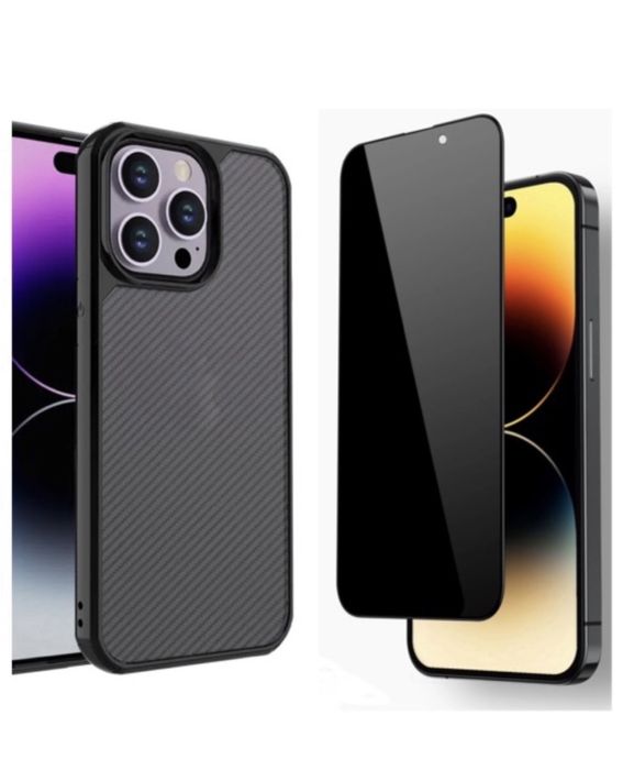 Iphone 13/14/PRO/MAX/PLUS - Husa PC Carbon Semi Clar si Folie Sticla