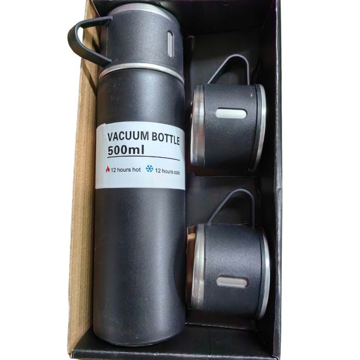 Подаръчен комплект термос с 3 чаши, зелен, розов, сив.