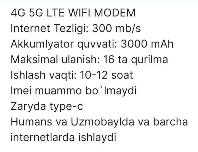 Modem 4G, 5G, LTE, Wi-Fi, CHO'NTAK WIFI,SIM KARTALI,Карманный роутер