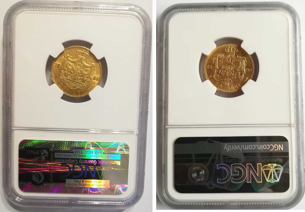Moneda AUR 20 lei 1883 si 20 lei 1890 AU58, certificata, gradata NGC.